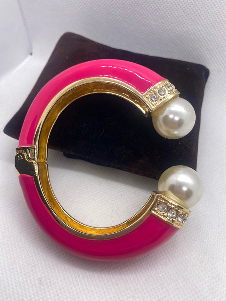 Pink Enamel Hinge Pearl Ends Bangle Bracelet