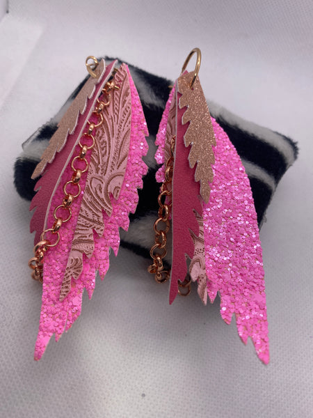Randans Custom Lightweight Pink Glitter Feather Rose Gold Earrings