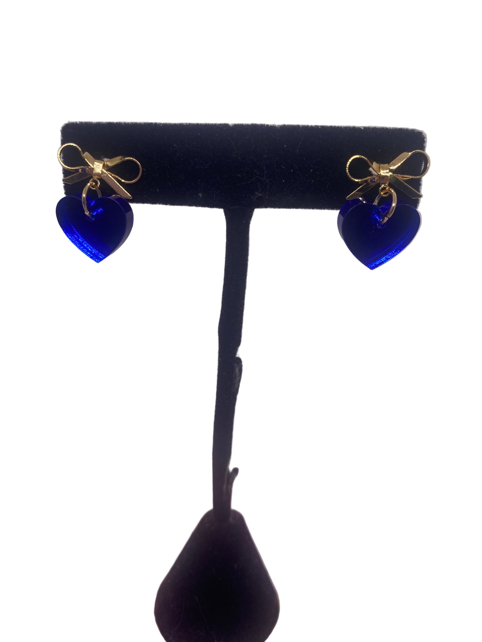 Custom Royal Blue Heart w Gold Tone Bow Earrings