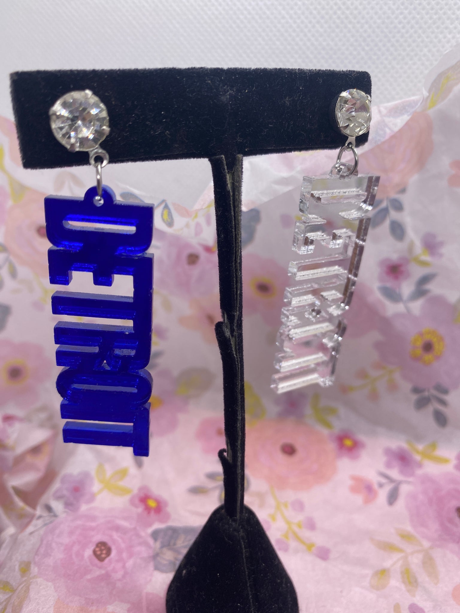 Game Day Detroit Silver Blue Acrylic Earrings