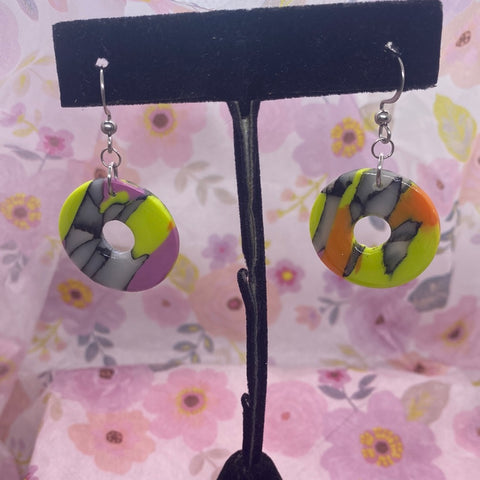 Donut Shape Purple Green Grey Orange  Handmade Polymer Clay Earrings