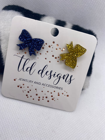 Blue Gold Glitter Bow Earrings