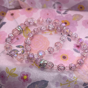 Pink Rosette Round Bead Stretch Bracelet