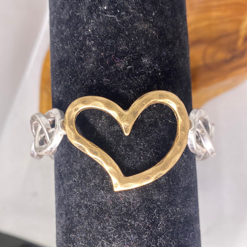 Silver Bangle with Gold Tone Hammered Heart Bracelet