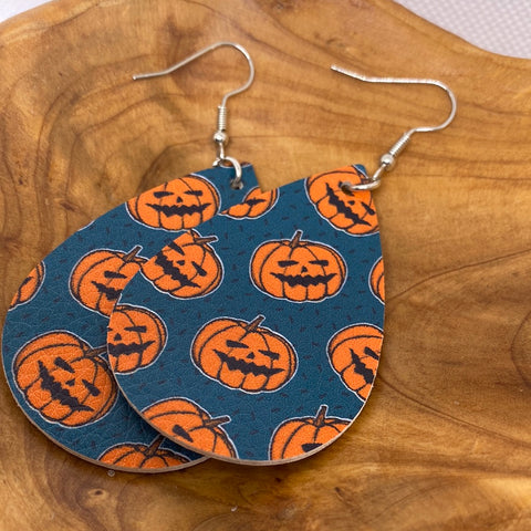Teal Orange Pumpkins Halloween Lightweight Teardrop Earrings