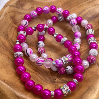 Set of Three Shades Of Pink White Black Stretch Bead Bracelets
