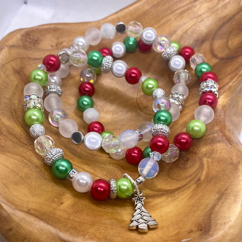Set of Three  Red White Shades of Green Stretch Bracelets