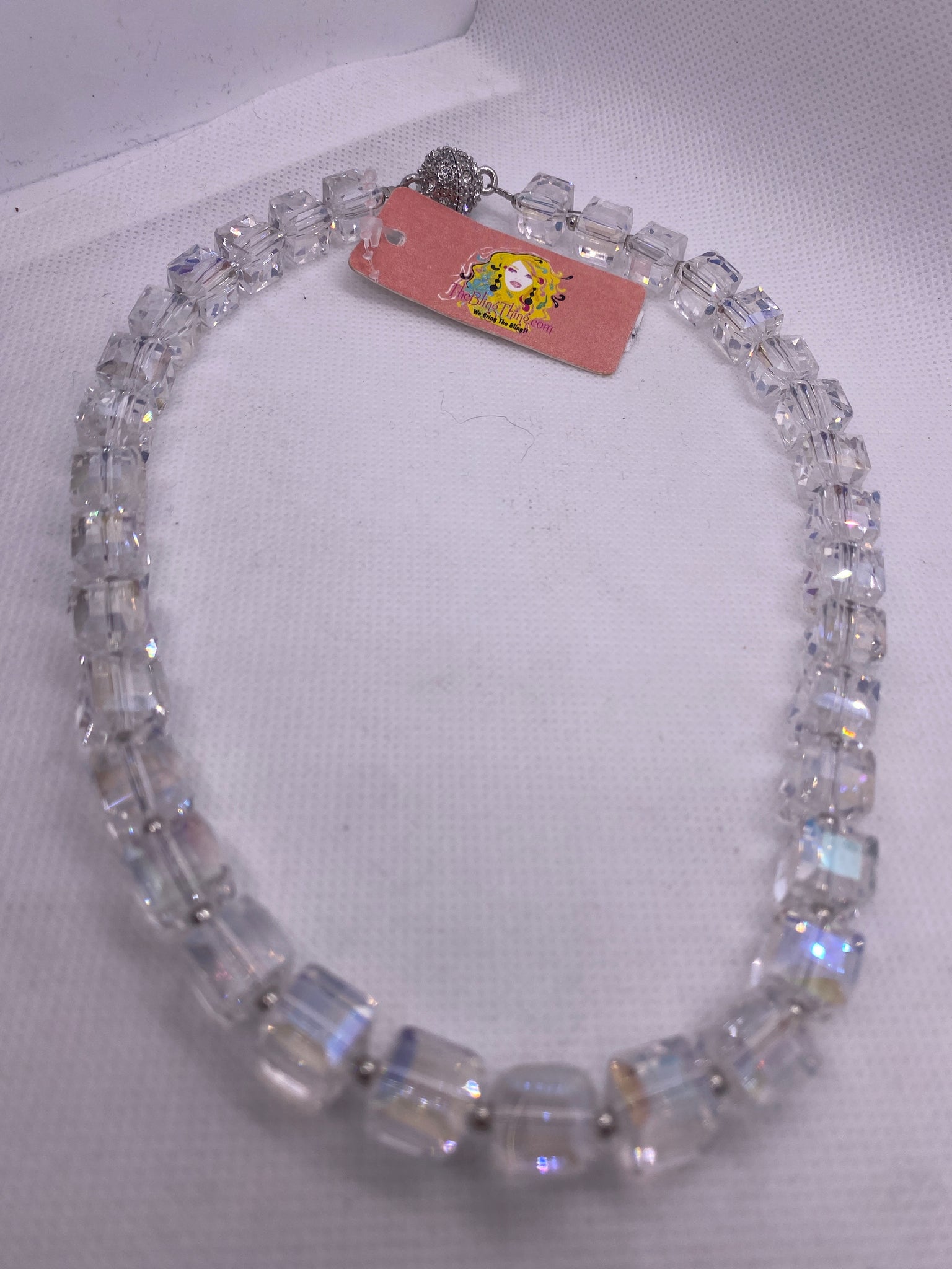 16 inch Clear Square Glass Necklace w Magnetic Closure