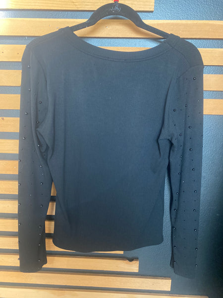 Round Neck Long Sleeve Pearl Top Black
