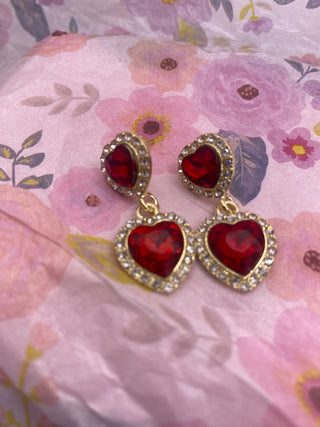 Red Crystals trimmed w Rhinestones Gold Accents Post Earrings