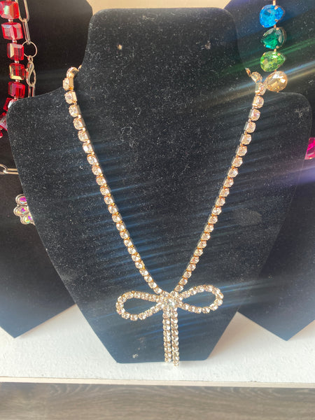 16 Inch large Rhinestone Bow Statement Necklace