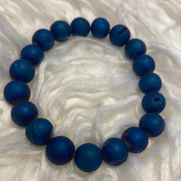 Blue Druzy Agate Round Stretch Bead Bracelet