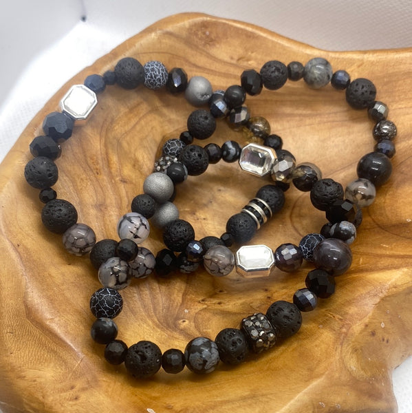 Black Lava  Multi Color Round Stones Stretch Bracelet