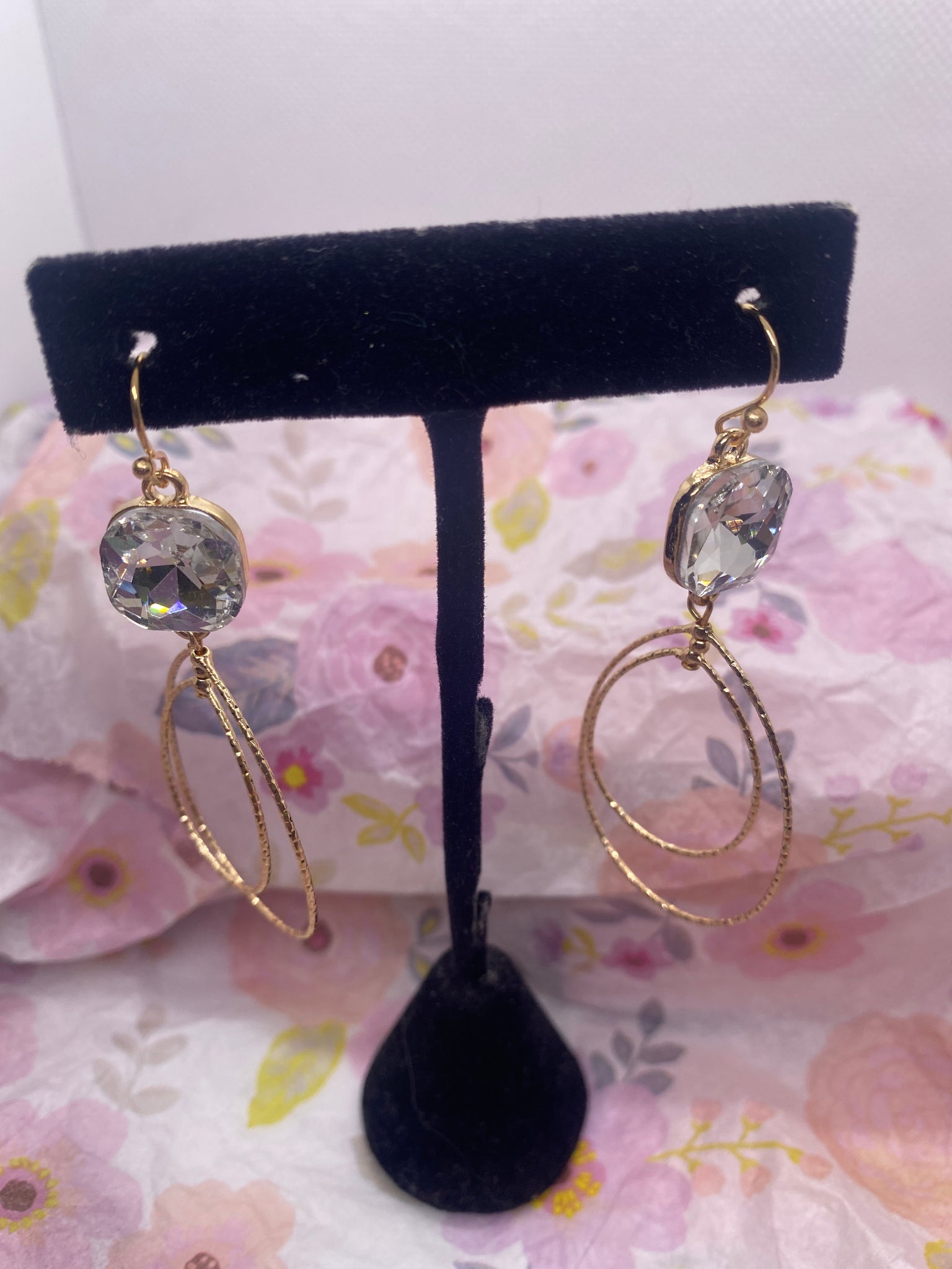 Gold Hoop w Crystal Accent Hook Earrings