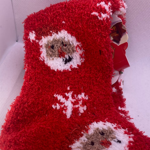 Red Fuzzy Santa Face Socks Sz 9-11