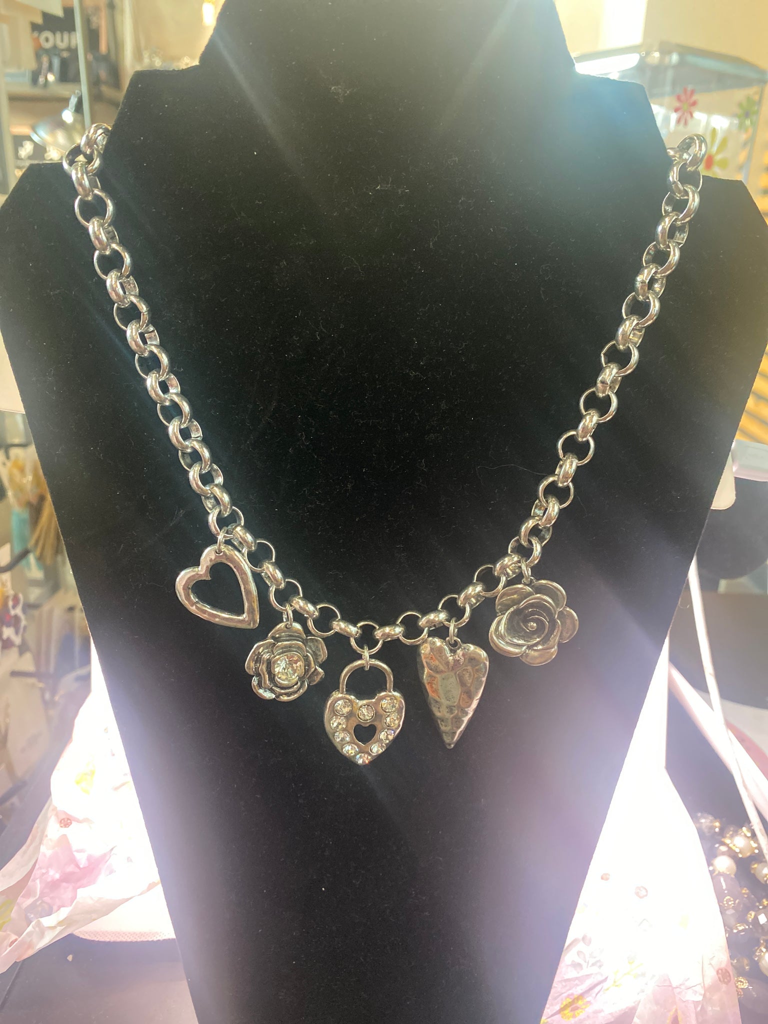 Silver Tone Charm Necklace 5 charms