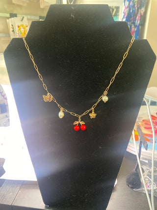 Cherry Charm Necklace w Five Charms
