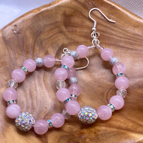 Pale Pink Silver Earrings with Pave Balls