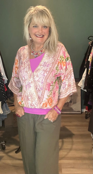 Border Print Front Wrap Kimono Top