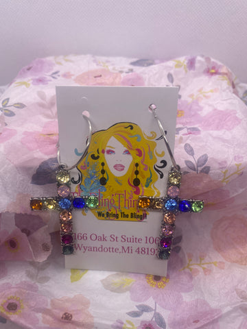 Custom Made Multi Color Silver Tone Cross Hoop Earrings