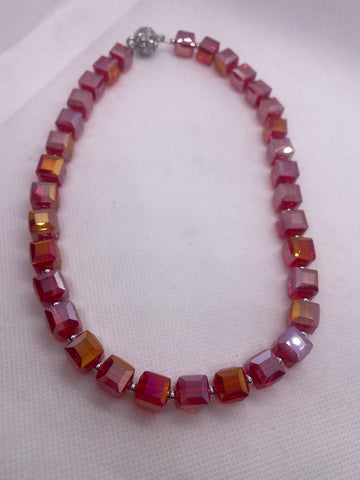 16 inch Red Square Glass Necklace w Magnetic Closure