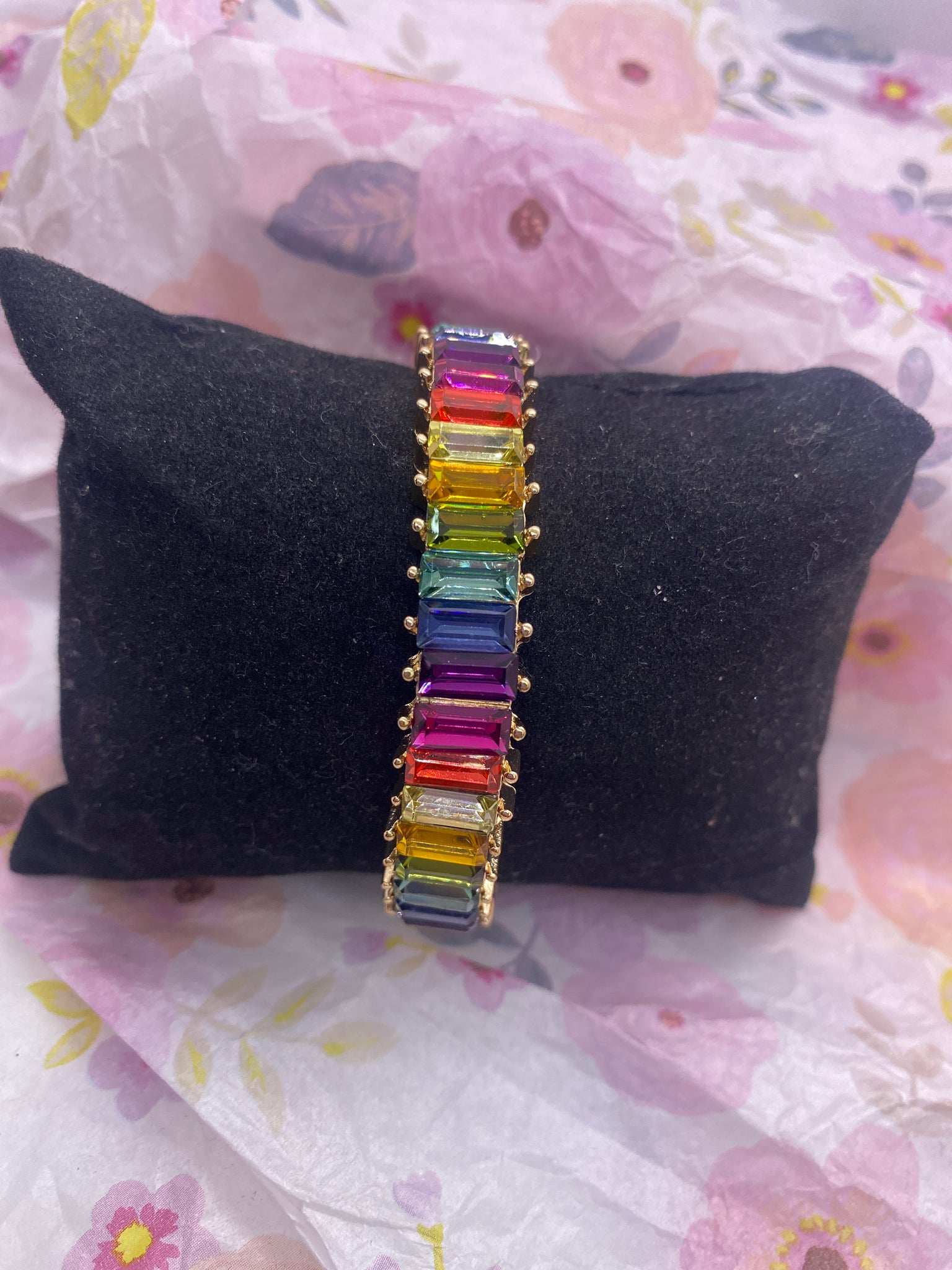 Gold Tone Multi Color Stretch Rhinestone Bracelet