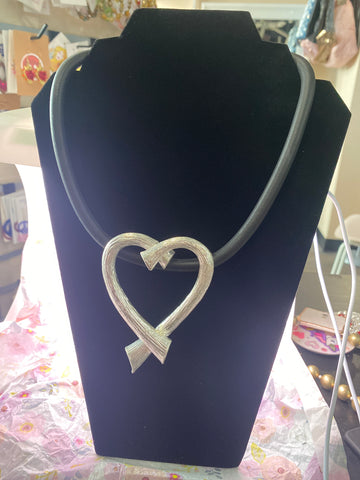 Rubber Base Silver Heart Shape Necklace