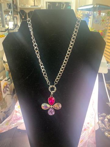 Single Rhinestone Flower Charm Necklace Clear Fuchsia Pink Purple