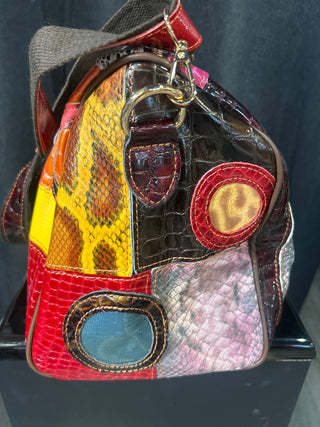 Genuine Leather Multi Color Patchwork Satchel Purse Teal Pink Snakeskin