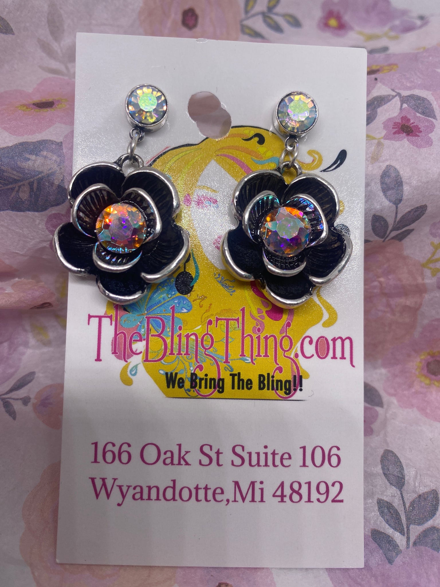 Silver Rosette Flower Rhinestone Center Earring