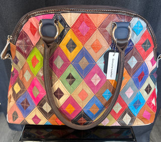 Genuine Leather Multi Color Patchwork Tall Satchel Handbag Purse