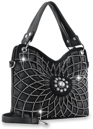 Black Rhinestone Sunburst Pattern Hobo Purse