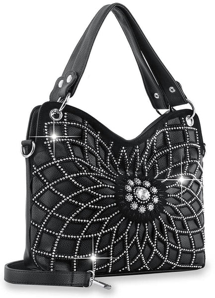 Black Rhinestone Sunburst Pattern Hobo Purse