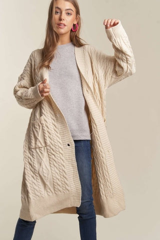 Button Down Ivory Cable Knit Long Cardigan Sweater with Pockets