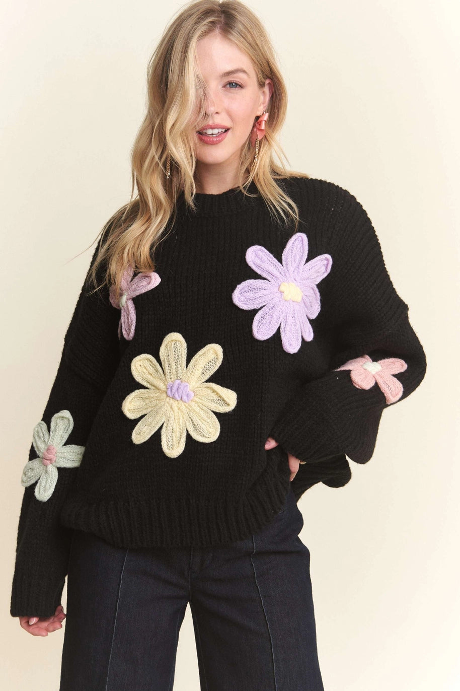 Drop Shoulder Floral Applique Sweater