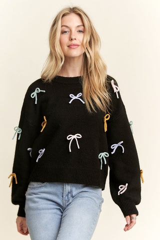 Long Sleeve Bow Sweater Top Black Multi