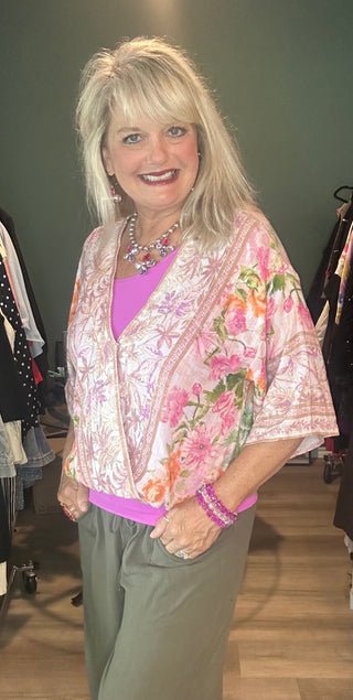 Border Print Front Wrap Kimono Top