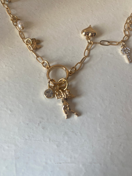 Paperclip Charm necklace with Cupid and 8 Charms