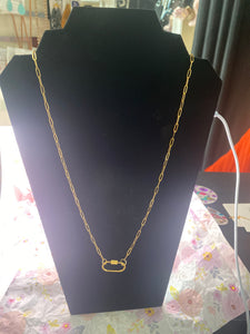 28 inch Gold Tone Paperclip Chain w Oval Carabiner Necklace