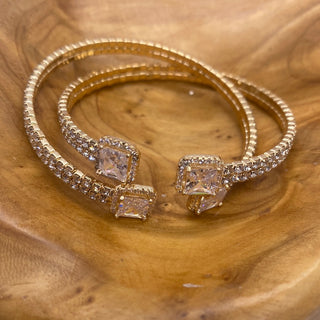 Gold Tone Square Crystal Rhinestone Stretch Bracelet