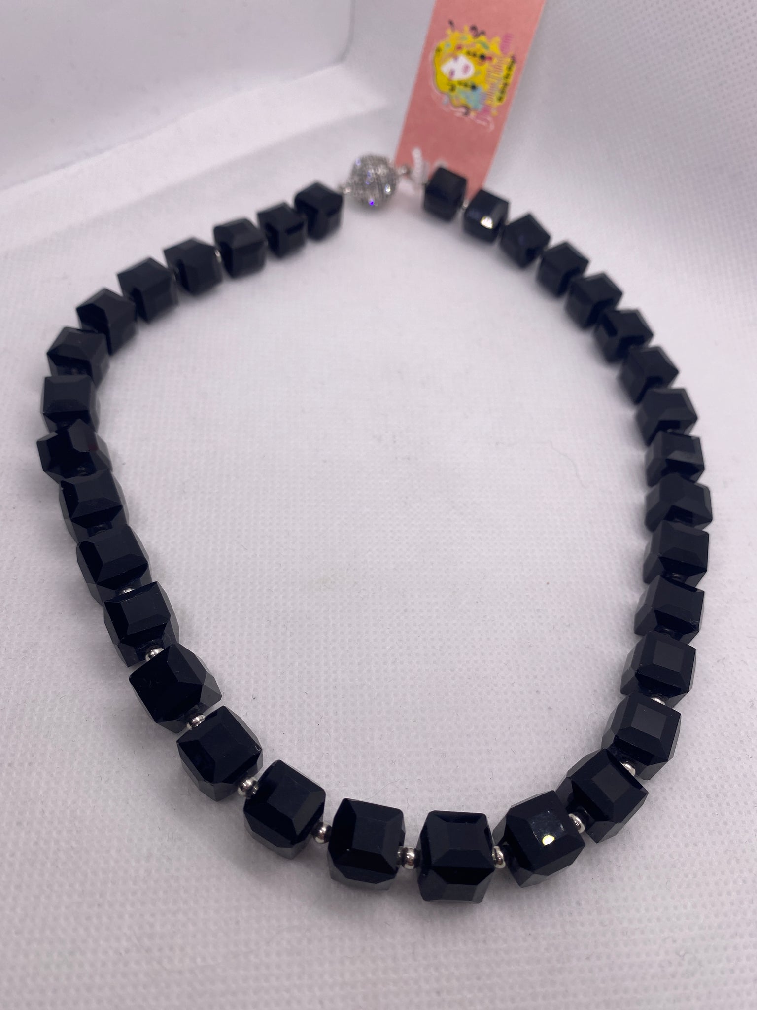 16 inch Black Square Glass Necklace w Magnetic Closure