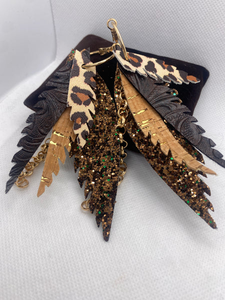 Randans Custom Leopard Print Brown Glitter Feather Hoop Earrings