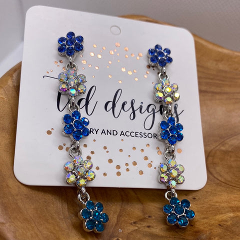 Blue Crystal Daisy Dangle Post Earrings
