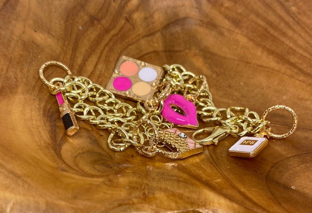 Gold Tone Chain link Bracelet 5 Charms PInk