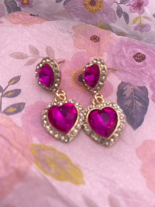 Fuchsia Pink Crystals trimmed w Rhinestones Gold Accents Post Earrings