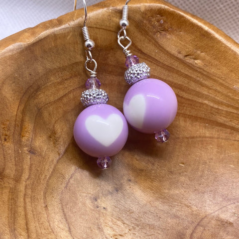 Lavender Ball Dangle with white Hearts Earrings