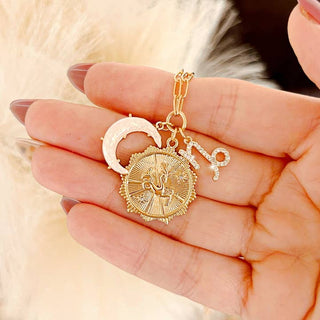Capricorn Three Charm Zodiac Moon CZ Pendant Paperclip Necklace