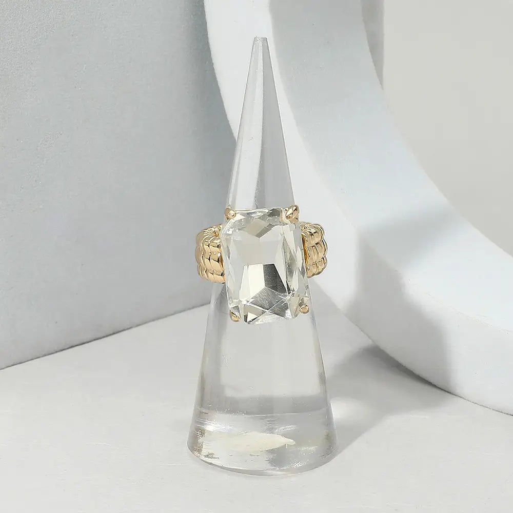 Emerald Cut Faceted Clear Stone and Gold Stretch Ring