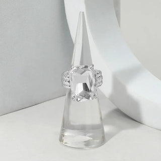 Emerald Cut Faceted Clear Stone and Silver Stretch Ring