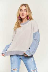 Color block Sweater Frayed Denim Sleeves